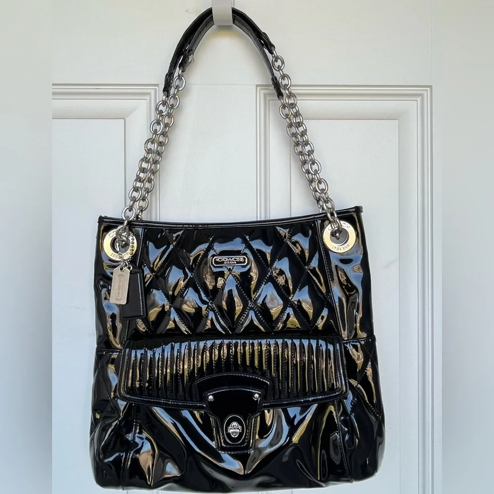 Authentic Coach Black Quilted Slim Poppy Liquid Gloss Bag Purse Tote - EUC - Picture 1 of 11